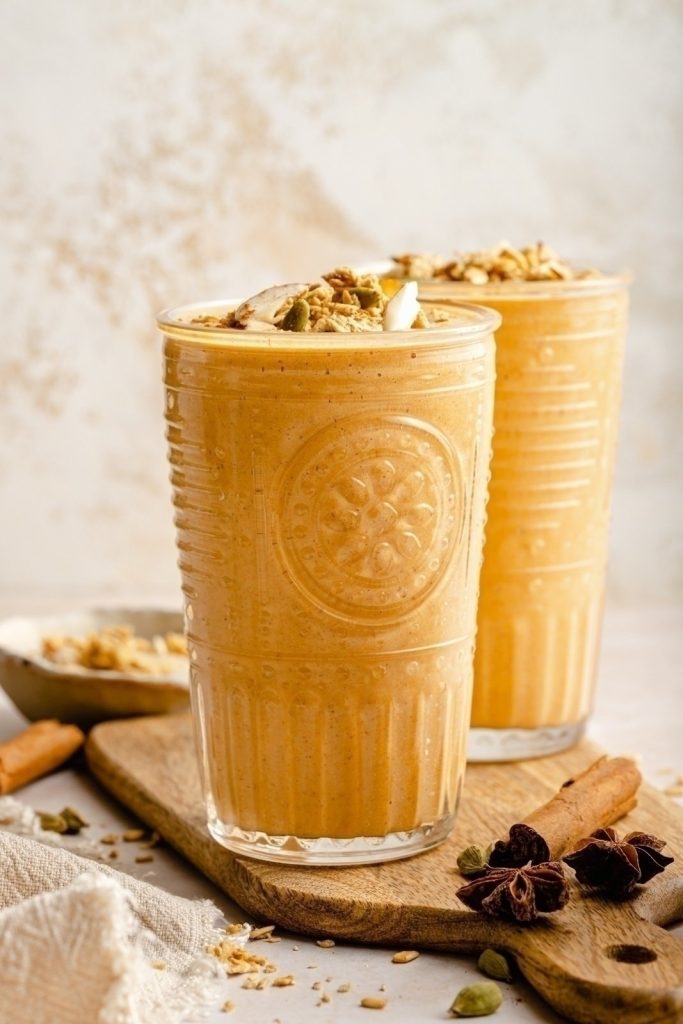 healthy butternut squash smoothie in two glasses