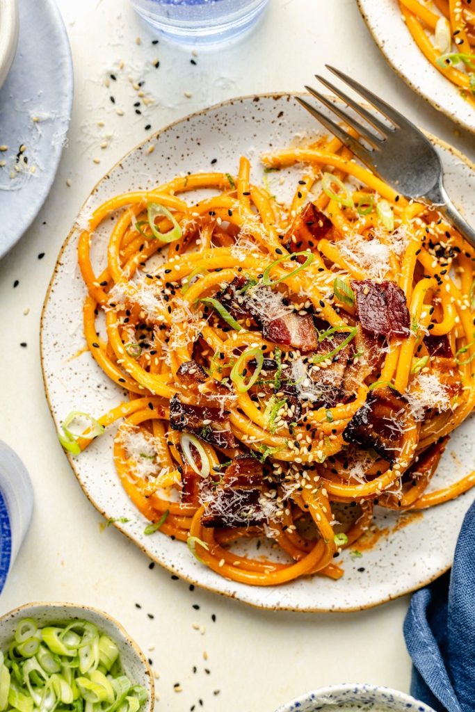 gochujang carbonara on a plate