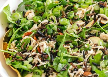Hearty and delicious Wild Rice Chicken Salad made with leafy arugula, warm wild rice, shredded chicken, sliced almonds, and green onions all tossed with a bright lemon tarragon vinaigrette!