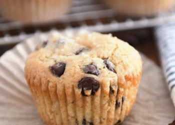 Unwrapped chocolate chip muffin.
