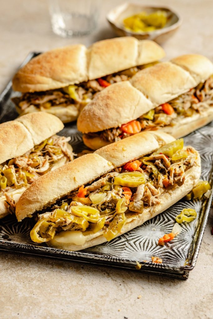 slow cooker Italian chicken sandwiches on a platter