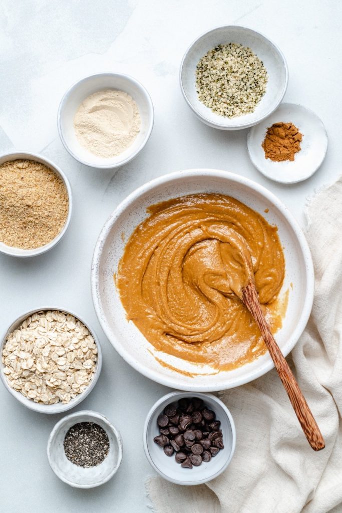 ingredients for no bake energy balls in bowls