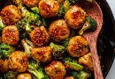 one pan meatballs and broccoli in a skillet