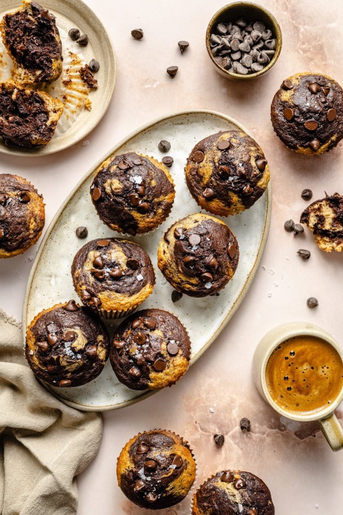 marbled banana muffins on a platter