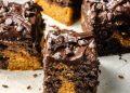 marbled pumpkin cake with chocolate frosting cut into square pieces