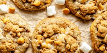 teddy graham marshmallow banana cookies on parchment paper